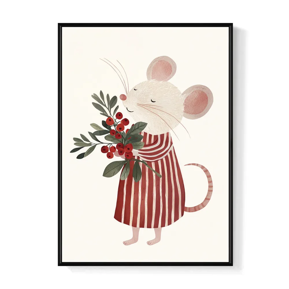 【菠蘿選畫所】小老鼠的節日花束 - 30x40cm(聖誕插畫/小老鼠/花束/聖誕小物/聖誕交換禮物/耶誕節節慶)