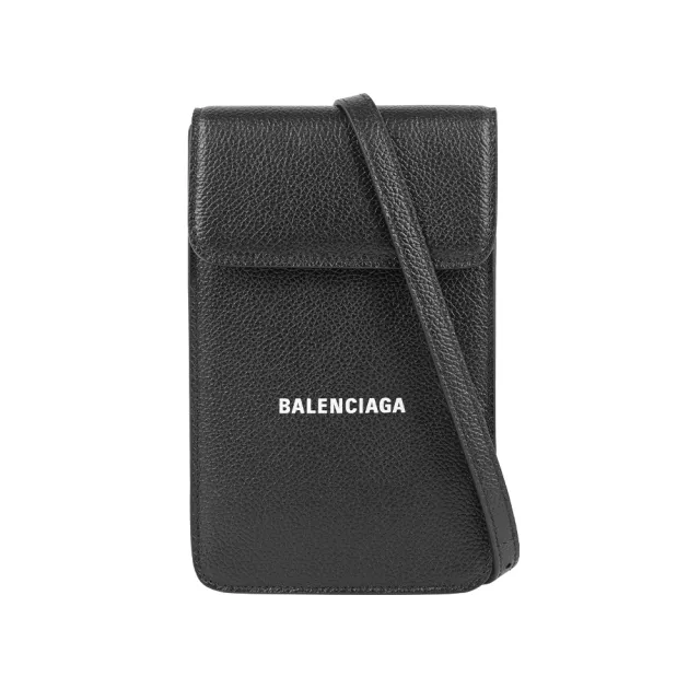 【Balenciaga 巴黎世家】白字Logo 牛皮手機包/斜背包(黑色)