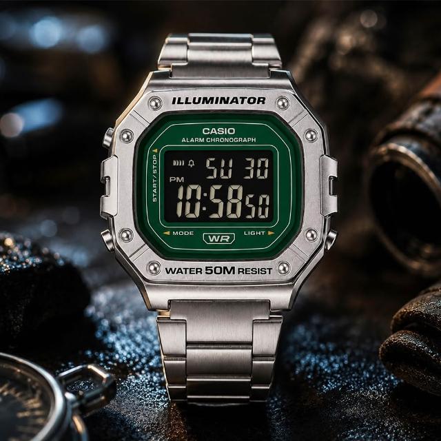 【CASIO 卡西歐】(W-218HD-3A) LED照明 不鏽鋼帶 防水50米數位電子錶  當兵 運動必備
