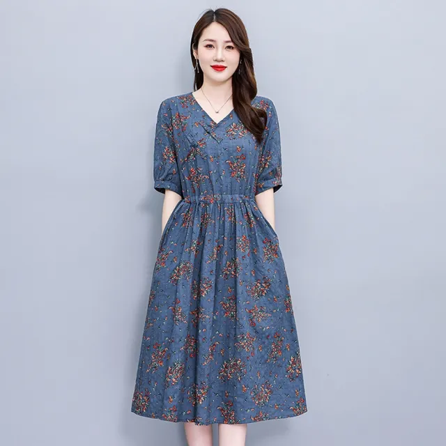 【巴黎精品】多款KC精品 連身洋裝印花連身裙長裙短袖A字裙子寬鬆顯瘦連衣裙大尺碼女裝(氣質印花裙k2bc48 A)