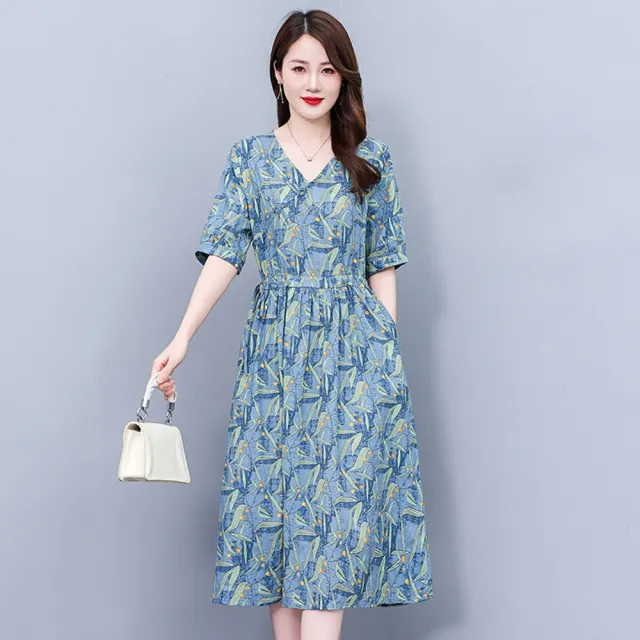 【巴黎精品】多款KC精品 連身洋裝印花連身裙長裙短袖A字裙子寬鬆顯瘦連衣裙大尺碼女裝(氣質印花裙k2bc48 A)