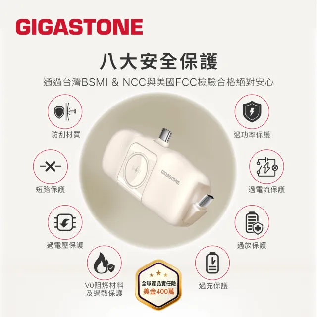 【Gigastone 立達國際】5000mAh雙Type-C直插式口袋行動電源MP-5000AC(17.76Wh/自帶線/可充AppleWatch)