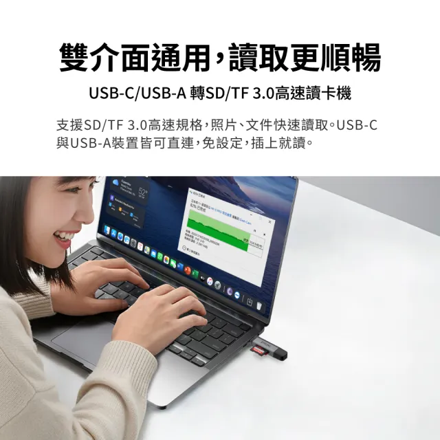【PX 大通】Type C USB A 雙介面2合1高速讀卡機 SD/micro SD 支援SD/TF3.0版 支援104 MB/s傳輸速度(CS3-D)