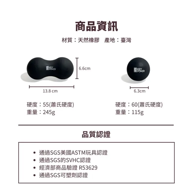 【KEY POWER 氣魄】台灣製 按摩球+花生球-雅黑色｜附厚網袋好收納｜筋膜球.放鬆肌肉.舒緩筋膜