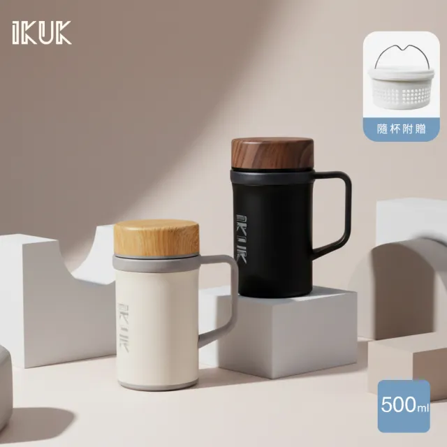 【IKUK 艾可】真陶瓷保溫杯-真瓷濾茶器手把保溫杯500ml(辦公杯/陶瓷咖啡杯/陶瓷保溫瓶/咖啡保溫杯)