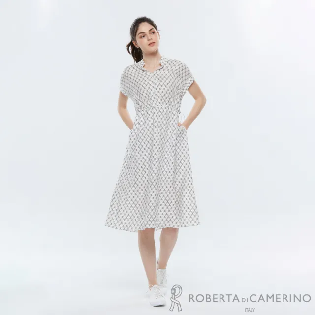 【ROBERTA 諾貝達】優雅米白幾何矩陣印花V領收腰連身裙 DAJ09-91