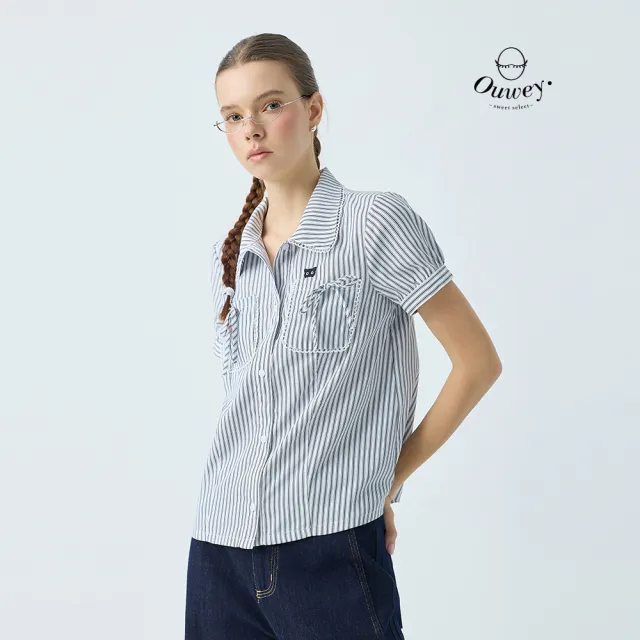 【OUWEY 歐薇】蕾絲邊貓咪刺繡條紋短袖襯衫(白；M-XL；3252321576)