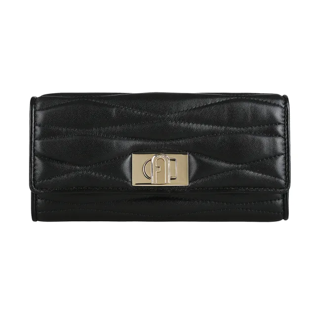 【FURLA 芙拉】FURLA 絎縫線1927系列小羊皮轉釦翻蓋二折長夾(黑)