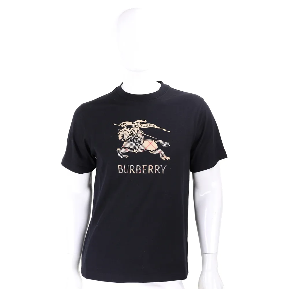 【BURBERRY 巴寶莉】漸層格紋戰馬騎士印花棉質黑色短袖TEE T恤-男女可穿