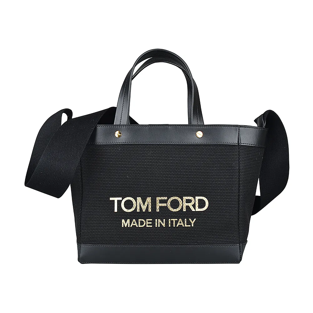 【TOM FORD】TOM FORD金字LOGO帆布磁扣式手提斜背包(迷你/黑)