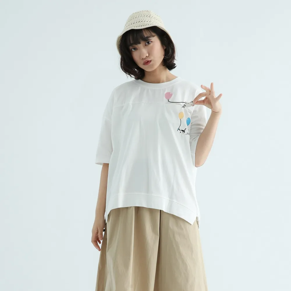 【PINK NEW GIRL】氣球貓咪刺繡寬版T/短袖上衣 Y3316AT(2色)