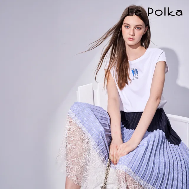 【Le Polka】異素材壓褶蕾絲長裙-女