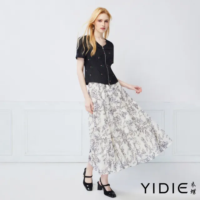 【YIDIE】花朵刺繡雙向拉鍊蕾絲上衣-黑