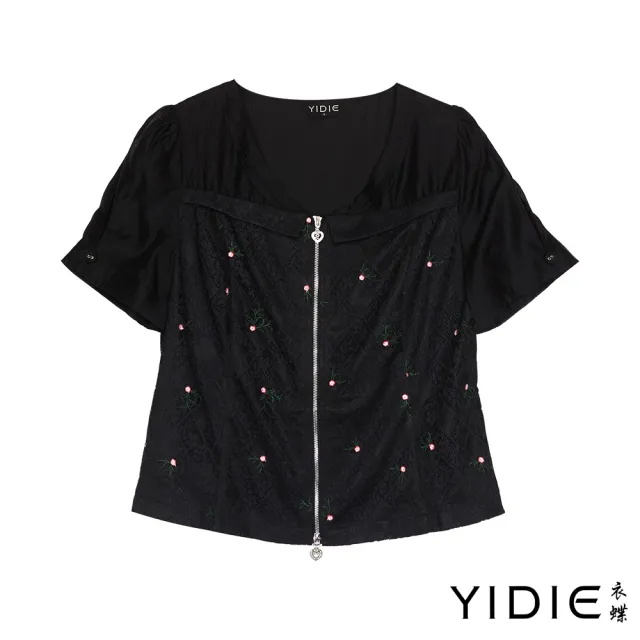 【YIDIE】花朵刺繡雙向拉鍊蕾絲上衣-黑