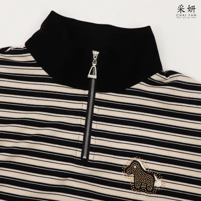 【CHAI YAN 采妍】水鑽小馬橫條翻領短袖上衣(春夏女裝/中大尺碼/專櫃/寬鬆/透氣)