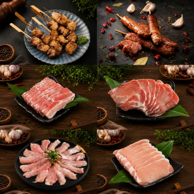 【信功】嚴選燒烤肉 5包任選組(五花肉片 梅花肉片 雪花肉片 大里肌肉片 炭烤豬肉串 培根熱狗捲)