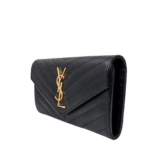 【YSL】372264 黑 金字(V紋荔枝牛皮 扣式長夾)