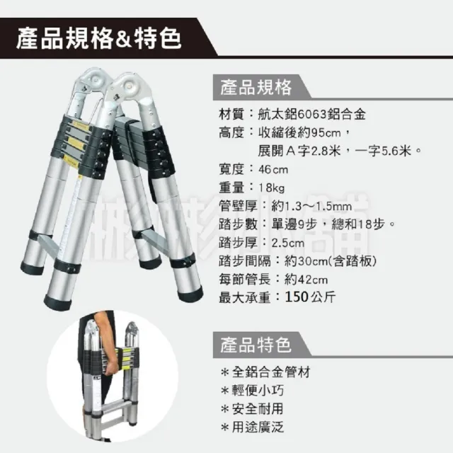 【彬彬小舖】2.8+2.8M 鋁合金多功能伸縮梯(梯子/樓梯/工作梯/A字梯/人字梯/摺疊梯/鋁梯)