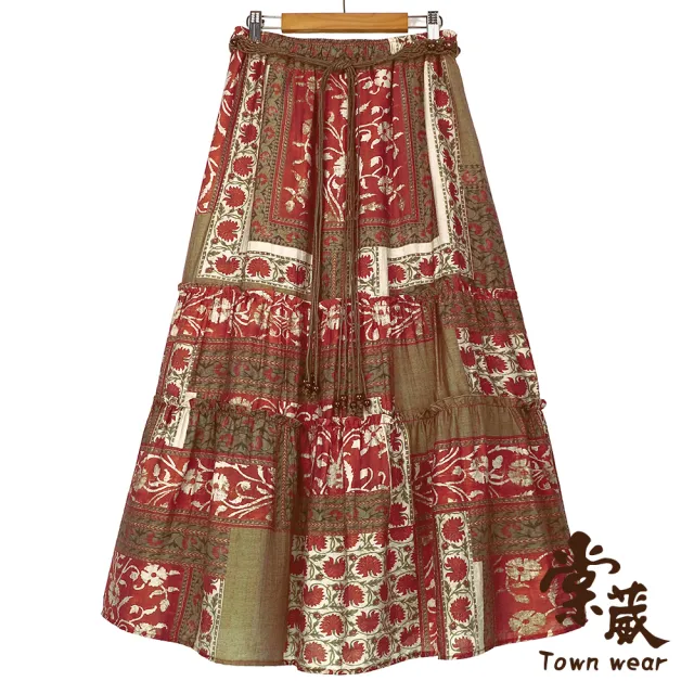 【TOWN’WEAR 棠葳】涼感波西米亞風長裙 - 附腰帶(女下身/女下著/裙子/腰頭彈性/涼感/休閒/氣質)