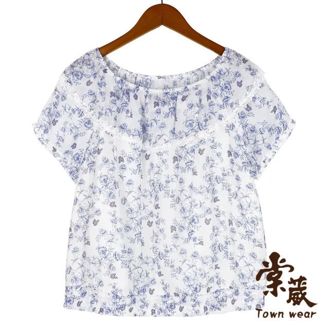 【TOWN’WEAR 棠葳】典雅印花荷葉領設計(中大尺碼/女上衣/女上著/蕾絲/短袖/輕薄/荷葉)