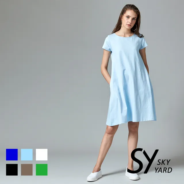 【SKY YARD】網路限定款-厚挺都會休閒素色修身短袖口袋洋裝-淺藍