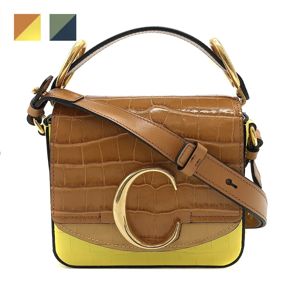 【Chloe’ 蔻依】新款 Mini C bag金logo鱷魚紋牛皮手提/斜背二用包(二色)