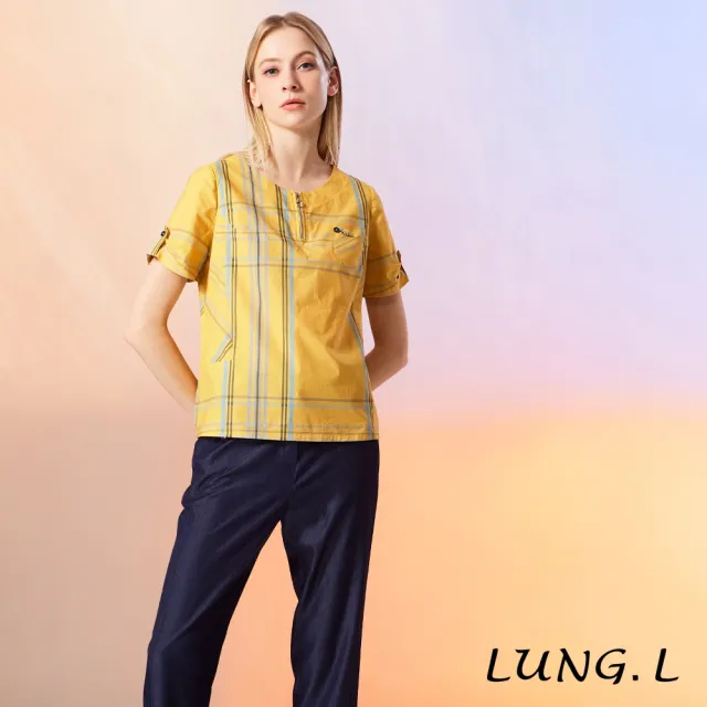 【LUNG.L 林佳樺】LW30A 黃色格線拉鍊造型棉質短袖女裝上衣