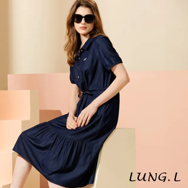 【LUNG.L 林佳樺】LW07H 深藍收腰綁帶半開襟蛋糕裙短袖洋裝