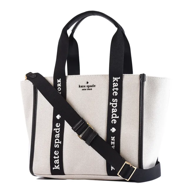【KATE SPADE】Kip 帆布拉鍊手提/斜背二用包-米/黑邊/小