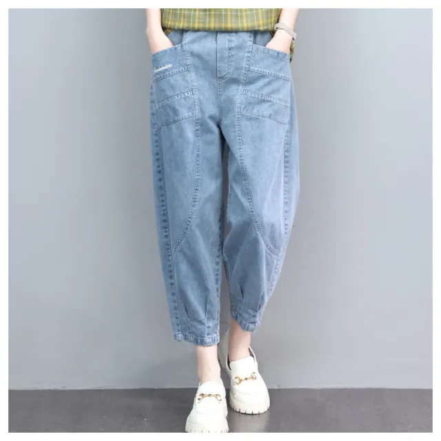 【ASister 小姊姊】*雙11限定*休閒褲☆寬鬆顯瘦百搭刺繡款高腰鬆緊七分牛仔褲/哈倫褲(2色 S-2XL)