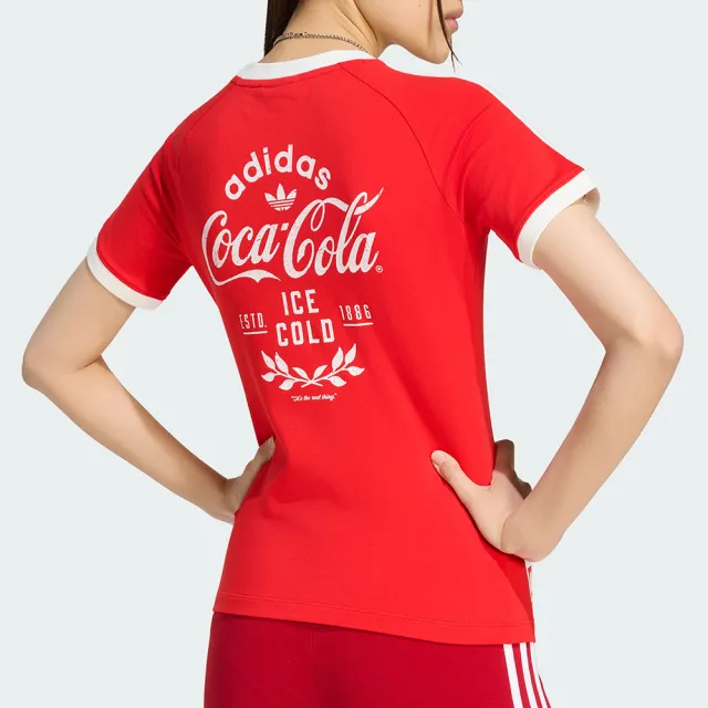 【adidas 愛迪達】3S Tee 女款 紅色 可口可樂 聯名 印花 修身 T恤 運動 休閒 短袖 KY7558