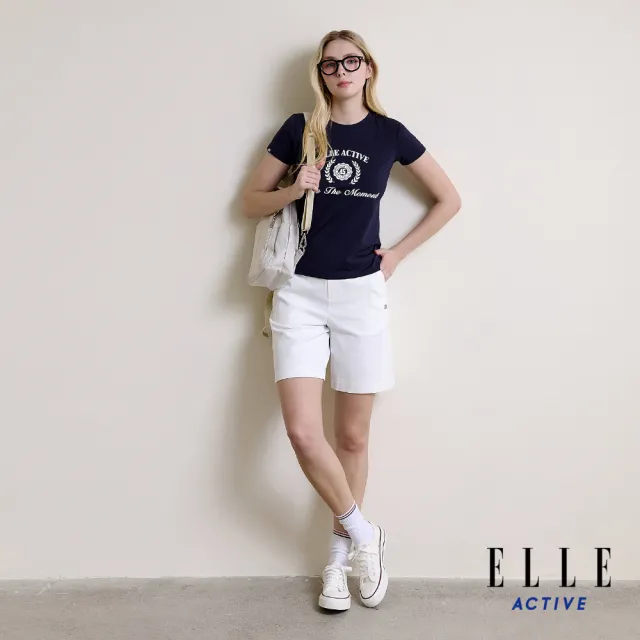 【ELLE ACTIVE】女款 復古徽章印花圓領短袖T恤-深藍色(EA26S5W1605-39)