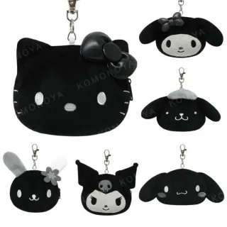 【小禮堂】Sanrio 三麗鷗 絨毛玩偶伸縮票卡零錢包 黑白風格款 Kitty 美樂蒂 布丁狗 花小兔