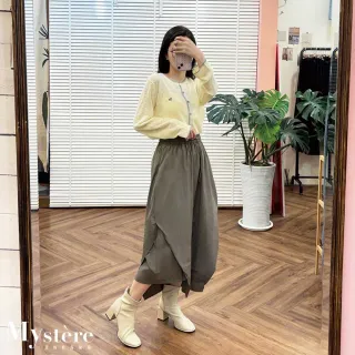 【my stere 我的時尚秘境】不規則設計感花苞綁帶長裙 灰綠 花苞裙 尼龍裙 工裝裙 休閒長裙 綁帶裙