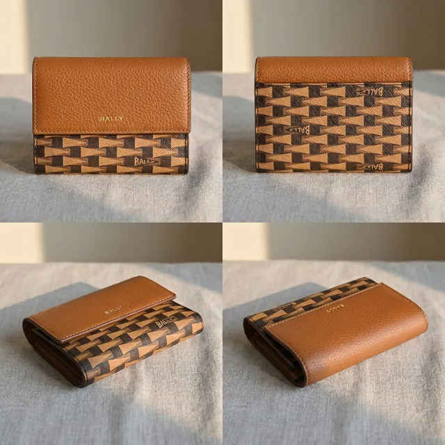 【BALLY】BALLY 三角旗塗層皮革Pennant系列三折釦式中夾(棕x褐)