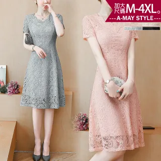 【Amay Style 艾美時尚】夏新品 中大尺碼女裝 連身裙 甜美氣質花邊領蕾絲顯瘦中長裙洋裝。M-4XL(4色.預購)