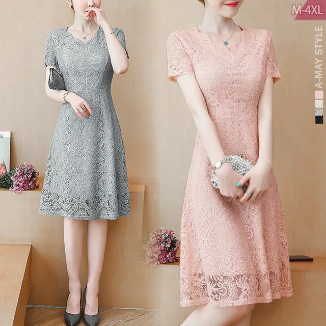 【Amay Style 艾美時尚】夏新品 中大尺碼女裝 連身裙 甜美氣質花邊領蕾絲顯瘦中長裙洋裝。M-4XL(4色.預購)