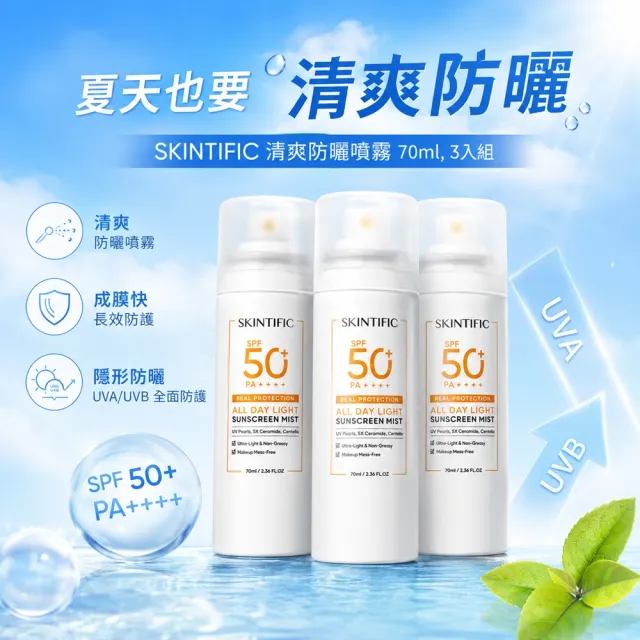 【SKINTIFIC】水晶防曬噴霧 70ml(3入組) 成膜快 防水防汗 清爽不粘膩