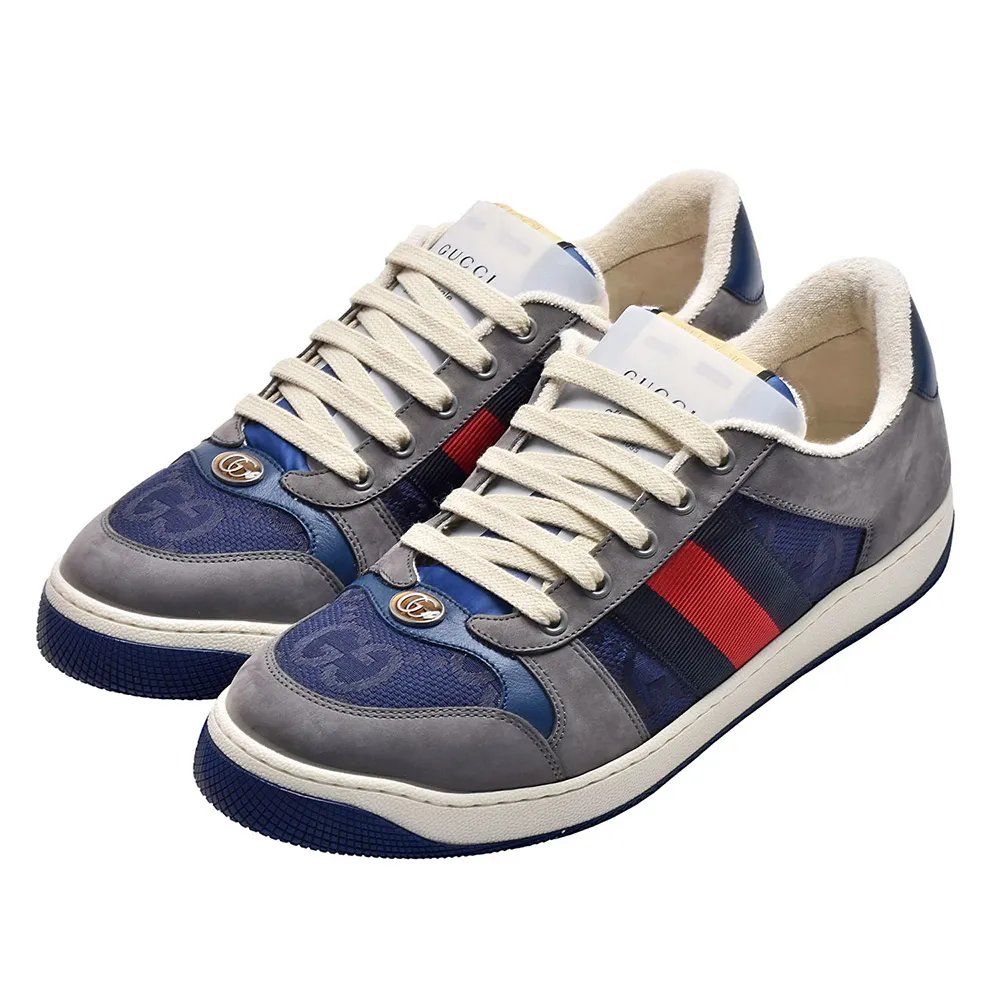 【GUCCI 古馳】經典SCREENER藍紅藍織帶麂皮運動鞋(灰/藍色576223-FAA3T-4551)