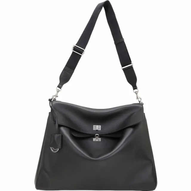 【Balenciaga 巴黎世家】Rodeo 中型 旋釦小牛皮垂墜肩/斜背包(黑色)