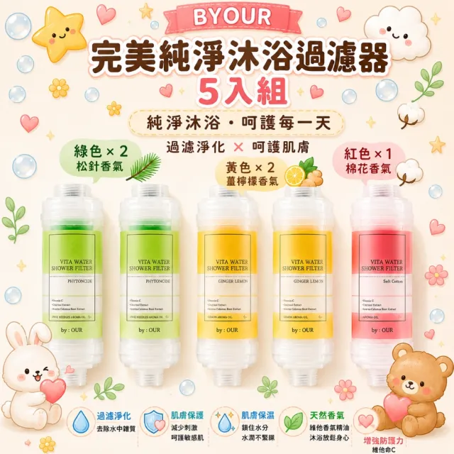 【BYOUR】完美純淨沐浴過濾器5入組 2綠2黃1紅(蓮蓬頭濾水器 蓮蓬頭濾芯 沐浴濾芯 香氛濾芯)