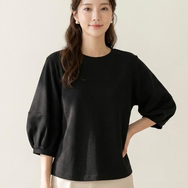 【LANNI 藍尼】現貨 燈籠七分袖素色上衣(女上衣/舒適/圓領/T恤/復古/日系)