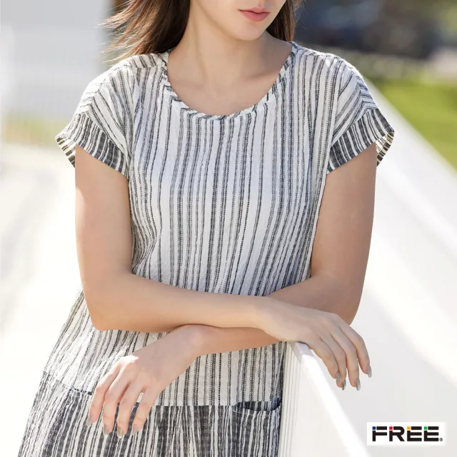 【FREE】INDIGO條紋拼接口袋連身洋裝