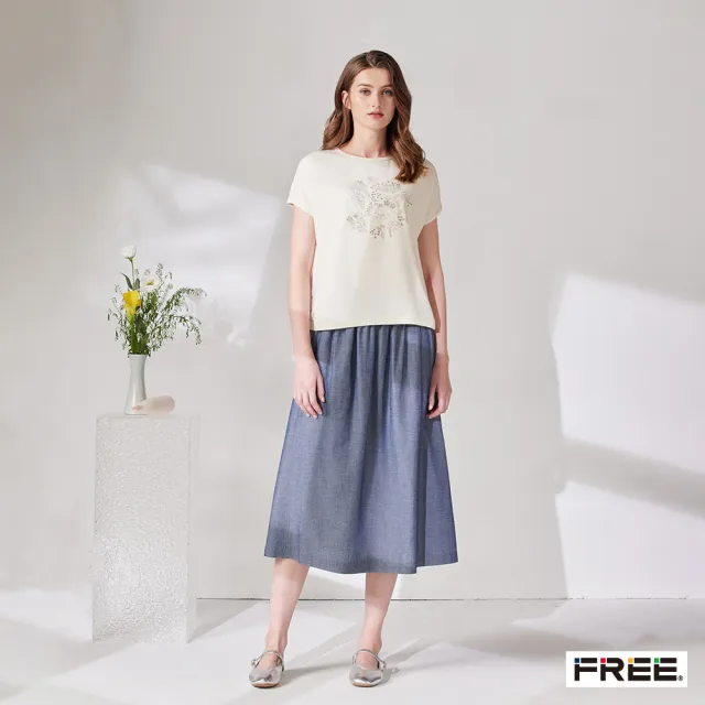 【FREE】彈性棉線稿花卉印花圓領上衣