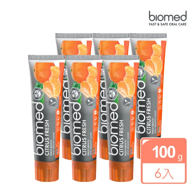 【biomed】蓓齒美_限時加贈牙刷2支_柚橘潔齒清新牙膏100gx6入組(無氟牙膏 草本牙膏)