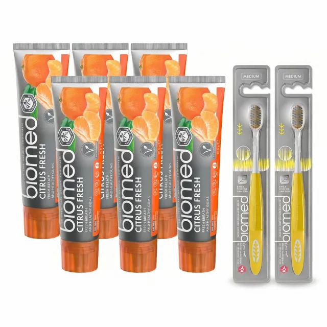 【biomed】蓓齒美_限時加贈牙刷2支_柚橘潔齒清新牙膏100gx6入組(無氟牙膏 草本牙膏)