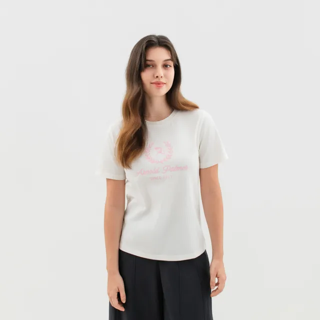 【Arnold Palmer 雨傘】女裝-傘LOGO繡花寬鬆版圓領短袖T-Shirt-白色