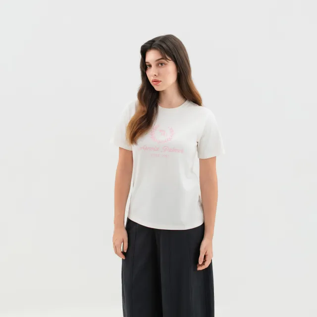 【Arnold Palmer 雨傘】女裝-傘LOGO繡花寬鬆版圓領短袖T-Shirt-白色