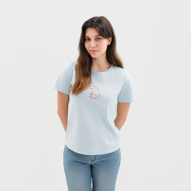 【Arnold Palmer 雨傘】女裝-漸層傘LOGO印花圓領短袖T-Shirt-淺藍色