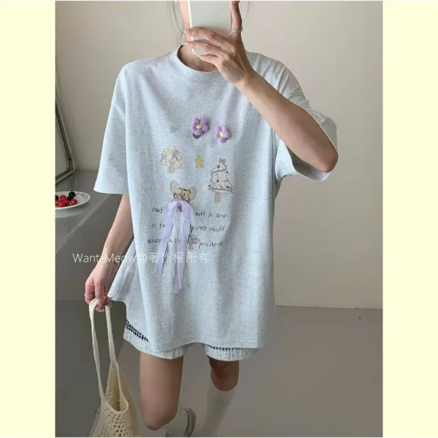 【Want-Meow】80公斤可穿!台灣㊣現貨☆短袖可愛插畫大學T/中大尺碼/寬鬆/圖案/上衣/大碼T恤/大碼/大尺碼